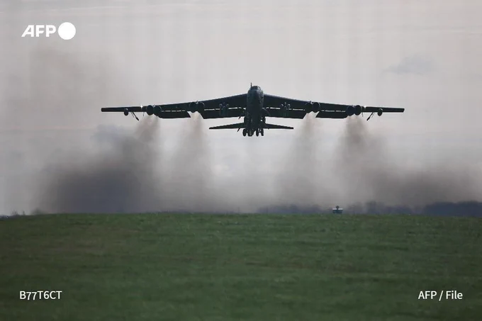 A US Air Force B-52 bomber takes off from RAF Fairford in south-west England, on March 15, 2026. 