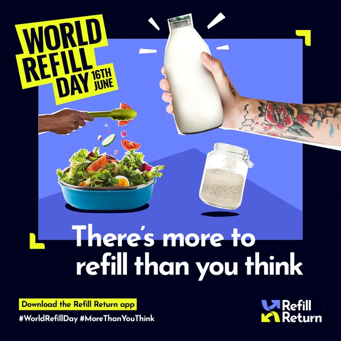 A poster for World Refill Day on 16th June features a hand pouring milk, a hand holding a jar of grains, and a bowl of salad. The text reads, "There's more to refill than you think." The bottom includes logos and hashtags for Refill Return.