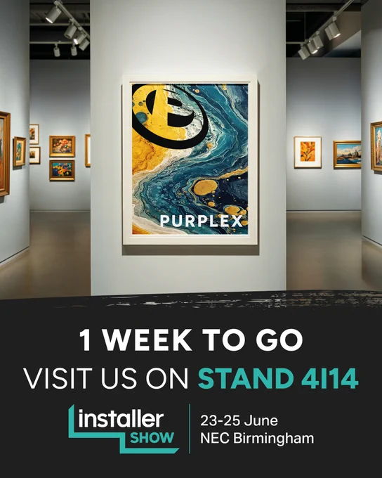 Promotional image for Purplex at the Installer Show, featuring abstract art in a gallery setting. Highlights the event date and location.