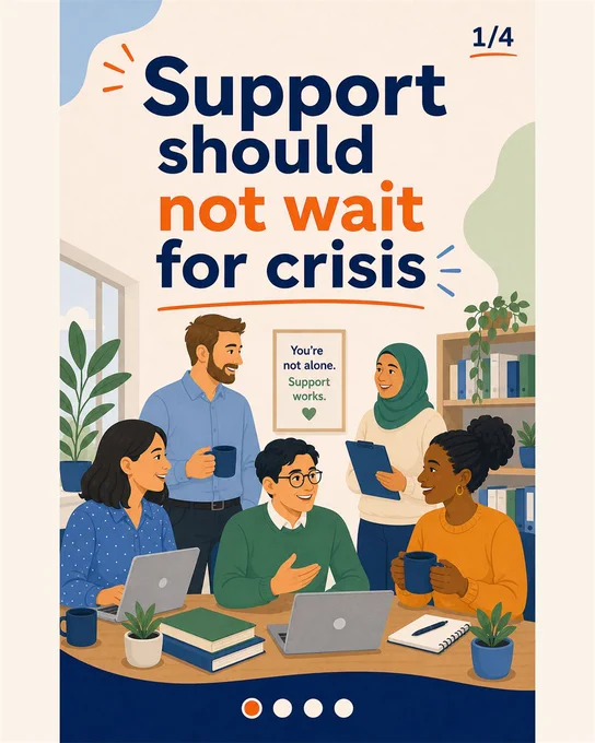 Four-slide UMO carousel. Slide 1 of 4 says "Support should not wait for crisis" and shows an inclusive workplace team. Slide 2 of 4 says "Pressure often appears earlier" with workload, communication and confidence cues. Slide 3 of 4 says "Early support can be practical" and shows a coaching conversation and adjustment plan. Slide 4 of 4 says "Build clearer pathways into support" with UMO coaching and mentoring. Each slide shows its number and progress dots.