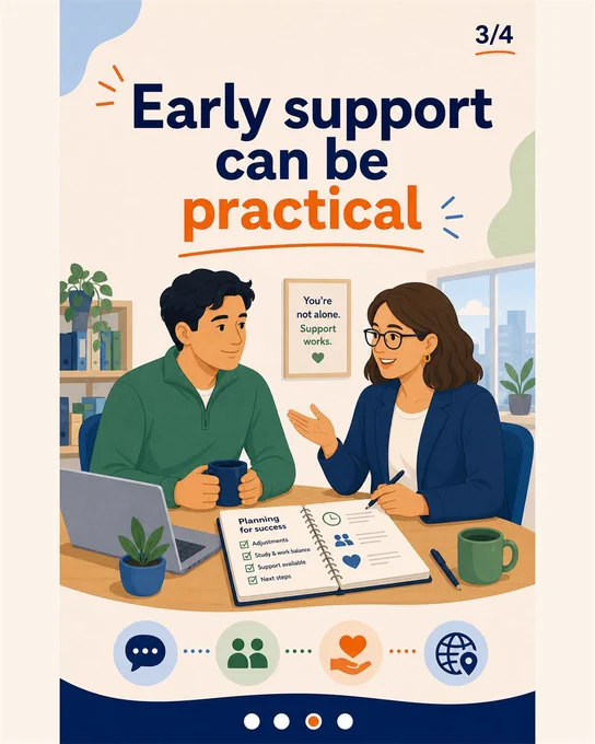 Four-slide UMO carousel. Slide 1 of 4 says "Support should not wait for crisis" and shows an inclusive workplace team. Slide 2 of 4 says "Pressure often appears earlier" with workload, communication and confidence cues. Slide 3 of 4 says "Early support can be practical" and shows a coaching conversation and adjustment plan. Slide 4 of 4 says "Build clearer pathways into support" with UMO coaching and mentoring. Each slide shows its number and progress dots.