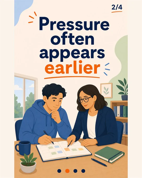 Four-slide UMO carousel. Slide 1 of 4 says "Support should not wait for crisis" and shows an inclusive workplace team. Slide 2 of 4 says "Pressure often appears earlier" with workload, communication and confidence cues. Slide 3 of 4 says "Early support can be practical" and shows a coaching conversation and adjustment plan. Slide 4 of 4 says "Build clearer pathways into support" with UMO coaching and mentoring. Each slide shows its number and progress dots.