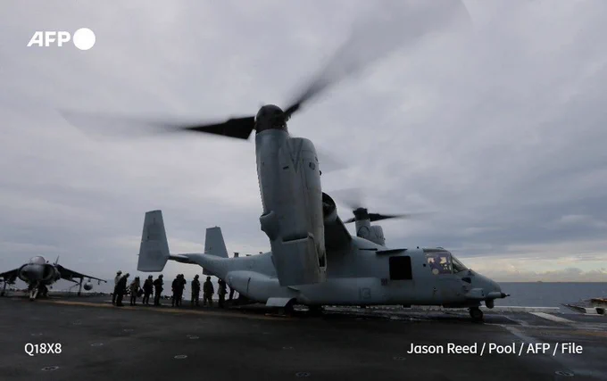 This 2017 image shows US Marines boarding an Osprey aircraft, on the deck of an amphibious assault ship off the coast of Sydney.
