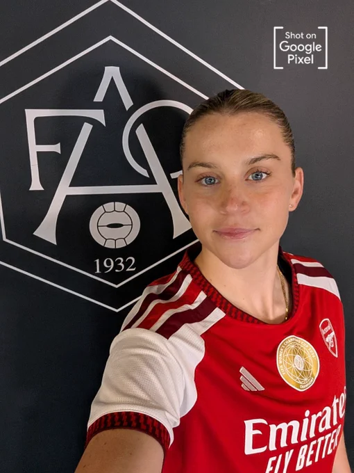 Alessia Russo takes a selfie in the Arsenal adidas 26/27 Home Shirt. Shot on Google Pixel.