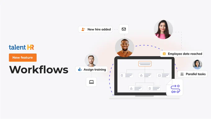 TalentHR Workflows feature graphic showing automated HR tasks around a laptop workflow chart.