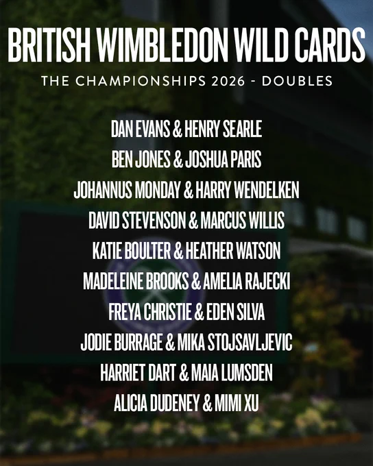 graphic showing the wimbledon doubles wild cards: 

dan evans & henry searle
ben jones & joshua paris
johannus monday & harry wendelken
david stevenson & marcus willis
katie boulter & heather watson
madeleine brooks & amelia rajecki
freya christie & eden silva
jodie burrage & mika stojsavljevic
harriet dart & maia lumsden
alicia dudeney & mimi xu

