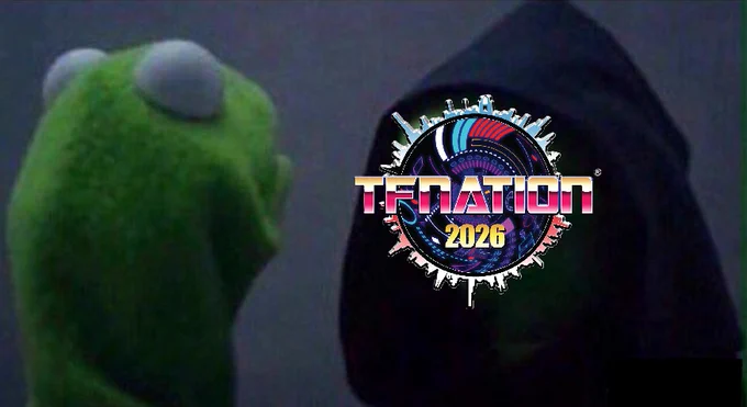 An edited version of the evil Kermit meme. The ‘evil Kermit’ has been edited to have the TFNation 2026 logo on his face.