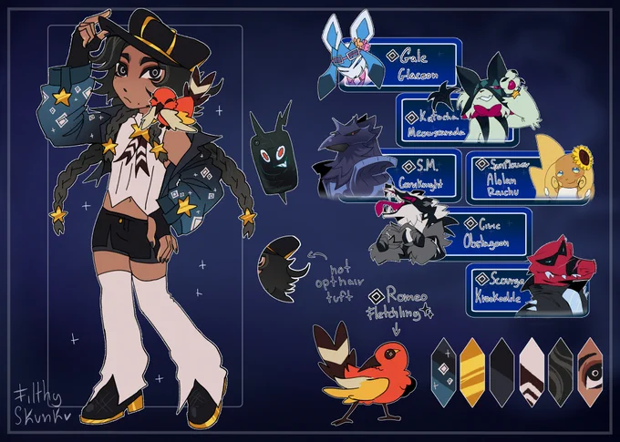 pokemon sona
team:
Glaceon, Meowscarada, Corviknight, Alolan raichu, Obstagoon, Krookodile
out of pokeball Fletchling