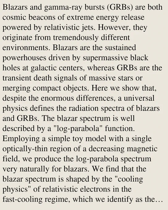 Blazars and gamma-ray bursts (GRBs) are both cosmic beacons of extreme energy release powered by relativistic jets. However, they originate from tremendously different environments. Blazars are the sustained powerhouses driven by supermassive black holes at galactic centers, whereas GRBs are the transient death signals of massive stars or merging compact objects. Here we show that, despite the enormous differences, a universal physics defines the radiation spectra of blazars and GRBs. The blazar spectrum is well described by a "log-parabola" function. Employing a simple toy model with a single optically-thin region of a decreasing magnetic field, we produce the log-parabola spectrum very naturally for blazars. We find that the blazar spectrum is shaped by the "cooling physics" of relativistic electrons in the fast-cooling regime, which we identify as the universal physics since we previously showed that the fast-cooling physics of electrons with a decreasing magnetic field also explain