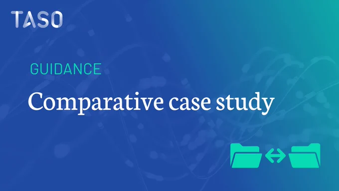 A blue-to-teal gradient graphic with a white TASO in the upper-left corner. The word “GUIDANCE” appears in turquoise uppercase text above the large white title “Comparative case study.” The background includes curved lines, dots, and translucent geometric shapes. In the lower-right corner, two turquoise folder icons face each other with a double-headed arrow between them.