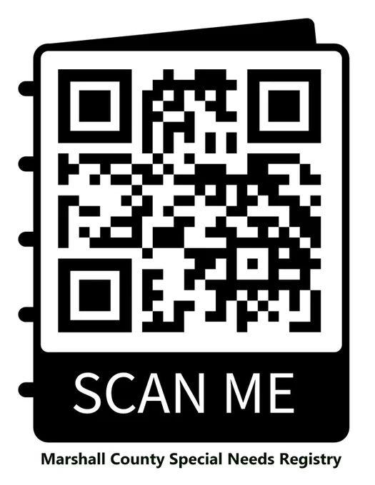 Black and white QR code with the text "SCAN ME" and "Marshall County Special Needs Registry" below.