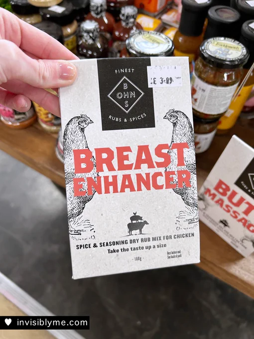 A sachet of seasoning rub that says "Breast Enhancer"