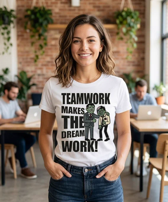 A dark comedy vector illustration of a happy corporate zombie boss standing next to a miserable, burned-out zombie office employee, surrounded by giant text reading "TEAMWORK MAKES THE DREAM WORK!"