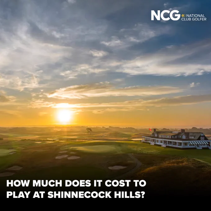 A picturesque sunset view of Shinnecock Hills golf course with a clubhouse in the foreground. The image evokes a serene and majestic atmosphere.
