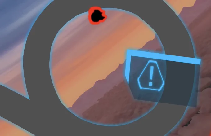 A close of up of H4CK3R's face, his visor displaying an exclamation point in shock.