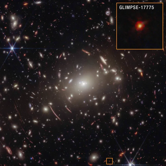ジェームズ・ウェッブ宇宙望遠鏡のNIRCam（近赤外線カメラ）で観測した銀河団「Abell S1063」（背景）と、片隅に写り込んだLRD「GLIMPSE-17775」およびその拡大像（右上）（Credit: NASA, ESA, CSA, V. Kokorev (University of Texas at Austin), A. Pagan (STScI)）