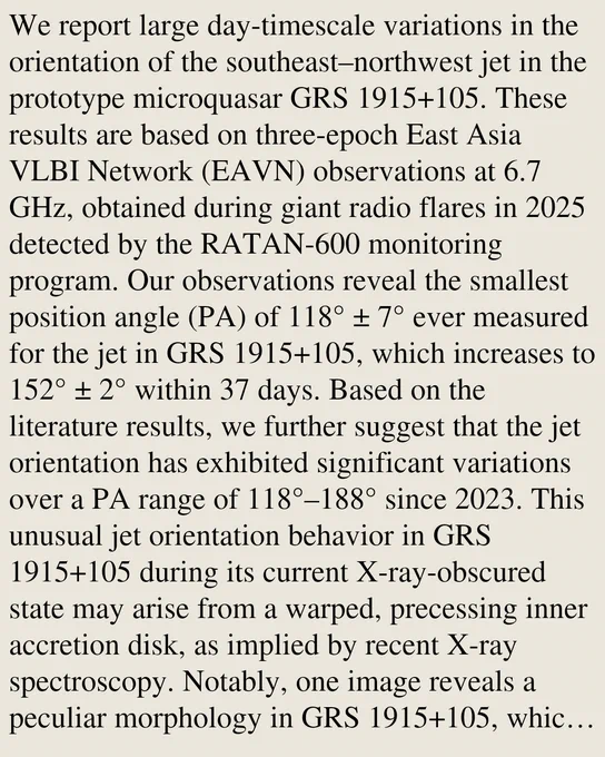 We report large day-timescale variations in the orientation of the southeast–northwest jet in the prototype microquasar GRS 1915 105. These results are based on three-epoch East Asia VLBI Network (EAVN) observations at 6.7 GHz, obtained during giant radio flares in 2025 detected by the RATAN-600 monitoring program. Our observations reveal the smallest position angle (PA) of 118° ± 7° ever measured for the jet in GRS 1915 105, which increases to 152° ± 2° within 37 days. Based on the literature results, we further suggest that the jet orientation has exhibited significant variations over a PA range of 118°–188° since 2023. This unusual jet orientation behavior in GRS 1915 105 during its current X-ray-obscured state may arise from a warped, precessing inner accretion disk, as implied by recent X-ray spectroscopy. Notably, one image reveals a peculiar morphology in GRS 1915 105, which likely indicates lateral spreading of the approaching southeast jet. Future observations are essential to