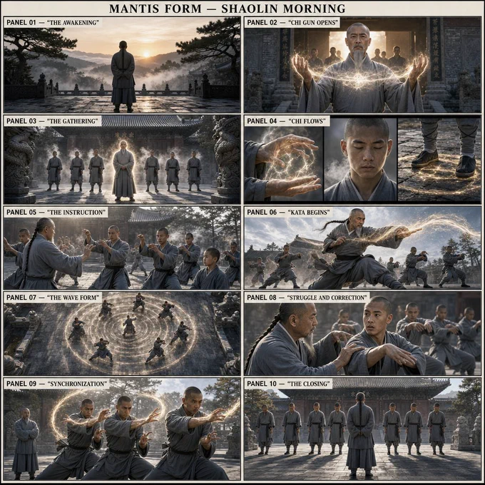 A cinematic storyboard reference grid sheet with 10 labeled panels arranged in a 2-column by 5-row layout. Title at top: "MANTIS FORM — SHAOLIN MORNING". All panels set at Shaolin temple grounds, northern China, ancient stone courtyard, pine trees, morning mist. Cool blue-grey stone palette, warm gold morning light, white chi energy glow.
