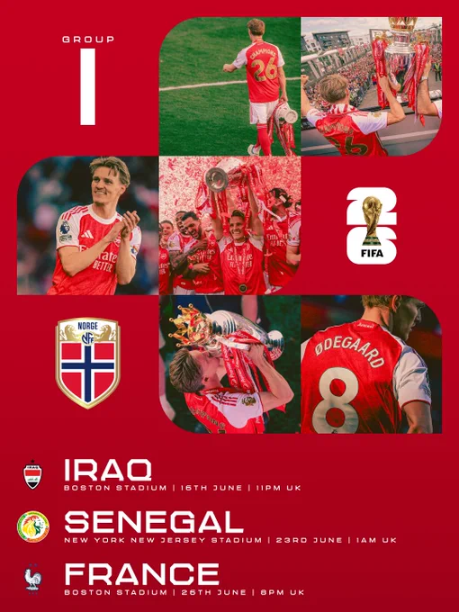 Good luck to Martin Odegaard and Norway who begin their World Cup campaign today. Norway's Group I fixtures are:

vs. Iraq
Boston Stadium | 16 June | 11pm UK

vs. Senegal
New York/New Jersey Stadium | 23 June | 1am UK

vs. France
Boston Stadium | 26 June | 8pm UK