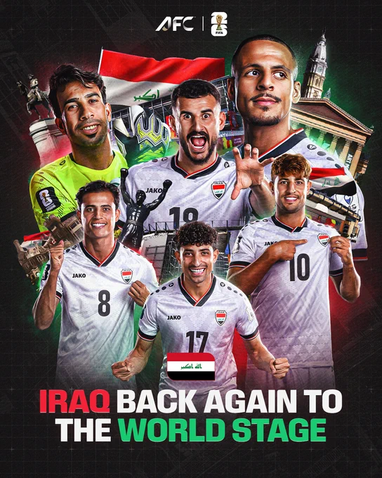 An energized promotional image featuring the Iraqi football team celebrating their return to the global soccer stage. Set against a collage of cultural and football-related symbols, the players exude excitement and national pride.