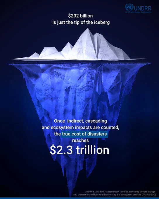 Iceberg graphic illustrating $202 billion as the visible cost of disasters, with $2.3 trillion representing the hidden, indirect impacts below the surface.