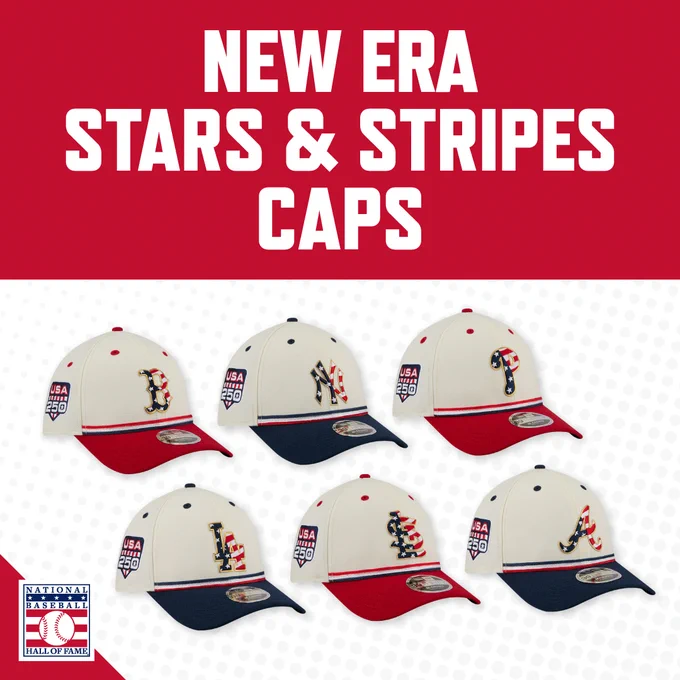 New Era Stars and Stripes caps include club logos accented with flag-inspired detailing and a metallic gold outline in addition to patriotic accents and a commemorative USA 250 side patch.