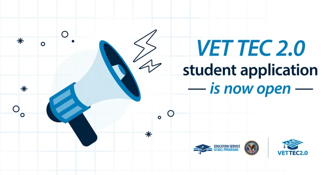 Blue megaphone announcing the opening of VET TEC 2.0 student applications with US Department of Veteran Affairs education service logos on a grid background.
