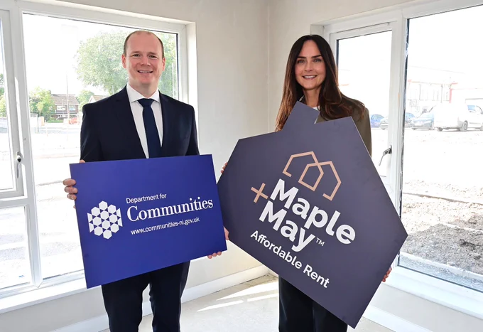 Communities Minister Gordon Lyons and Deirdre Steele, Head of Maple and May, have hailed Affordable Rent as a pioneering initiative that will help hard pressed people and families by delivering high-quality homes at an affordable rent for lower-income households