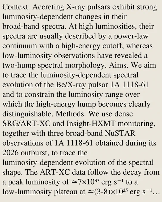 Context. Accreting X-ray pulsars exhibit strong luminosity-dependent changes in their broad-band spectra. At high luminosities, their spectra are usually described by a power-law continuum with a high-energy cutoff, whereas low-luminosity observations have revealed a two-hump spectral morphology. Aims. We aim to trace the luminosity-dependent spectral evolution of the Be/X-ray pulsar 1A 1118-61 and to constrain the luminosity range over which the high-energy hump becomes clearly distinguishable. Methods. We use dense SRG/ART-XC and Insight-HXMT monitoring, together with three broad-band NuSTAR observations of 1A 1118-61 obtained during its 2026 outburst, to trace the luminosity-dependent evolution of the spectral shape. The ART-XC data follow the decay from a peak luminosity of ≃7×10³⁷ erg s⁻¹ to a low-luminosity plateau at ≃(3-8)×10³⁵ erg s⁻¹ in the 4-35 keV band, while the NuSTAR observations provide broad-band spectra during the bright phase, the decline, and the plateau. We describ