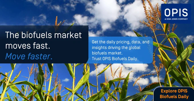 The image features a field of corn under a blue sky with clouds. Overlaid text reads: "The biofuels market moves fast. Move faster. Get the daily pricing, data, and insights driving the global biofuels market. Trust OPIS Biofuels Daily." The OPIS logo is displayed in the top-right corner, and a button at the bottom-right says, "Explore OPIS Biofuels Daily.