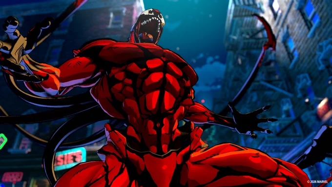 A close-up of Carnage screaming.