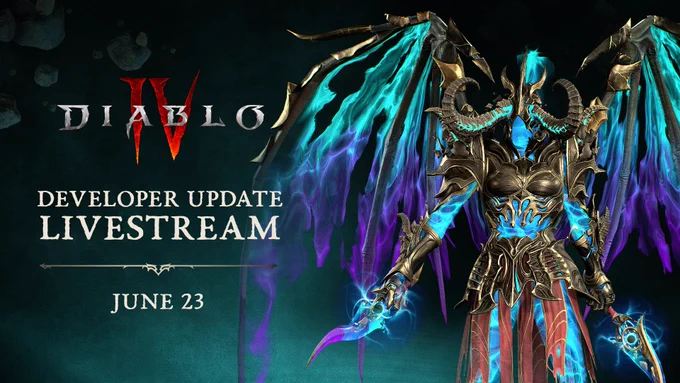 A Diablo IV announcement banner featuring a towering figure covered in gold armor with two large curved horns on its head and enormous wings that are covered in blue and purple flames. Underneath the gold armor, its body is also glowing blue with light energy emanating from its head, stomach, arms, legs, and the curved blades in each of its hands. Text next to the figure reads: \u201CDiablo IV. Developer Update Livestream. June 23.\u201D