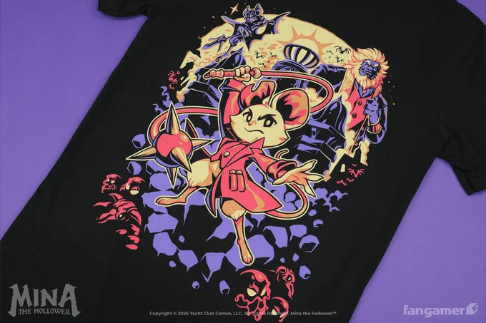 A photo of Unbroken Hollower, a black Mina the Hollower shirt with a red, beige, and purple screen-printed design centered around Mina wielding a whip. 