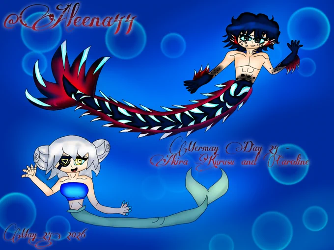 Day 24 of my Mermay Challenge 2026 (Video Game Edition); Akira Kurusu and Caroline from Persona 5 🃏❤️💙

I'm sorry for putting Akira Kurusu/Joker on Mermay day 9 too much, but this time, I just set him on the 24th with Caroline, but they're still merfolk just swimmin' down under the sea before they got kidnapped by Big...Bad...BARRY.

