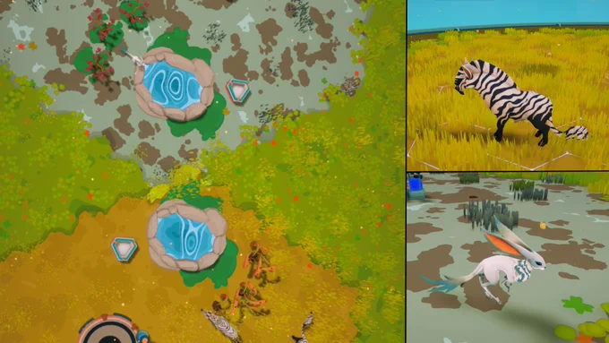 Top-down and close-up views of a game world showing zebras and rabbit like creatures, water pools, and two different environments with interface icons.