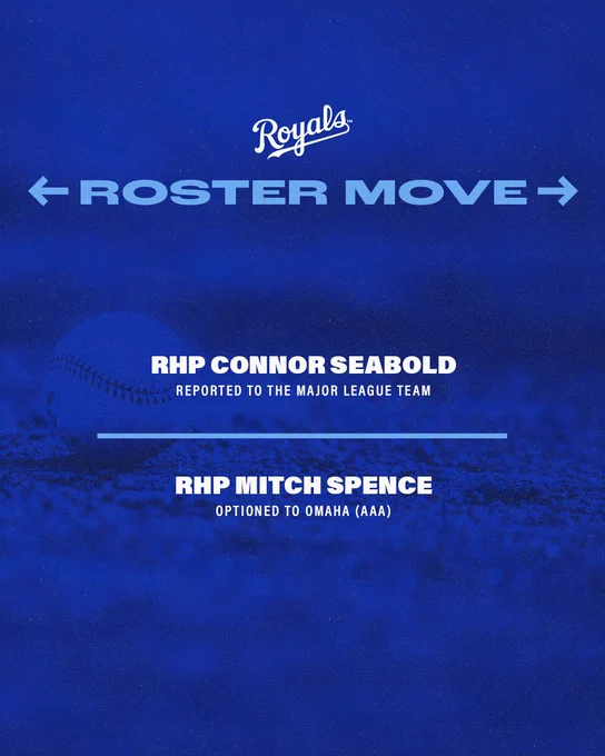 Royals Roster Moves:
- Right-Handed Pitcher Connor Seabold has reported to the Major League team.
- Optioned Right-Handed Pitcher Mitch Spence to Omaha (AAA).