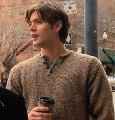 cj braxton (jensen ackles, dawson’s creek) outside holding a coffee cup wearing brown wool henley looking boyfriend as hell absolutely insane side profile
