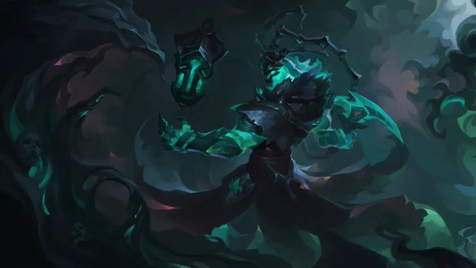 In a continued scene set in the Shadow Isles we see Thresh drawn by artist @somewhat_irked. Thresh looks over his shoulder towards his lantern to the left. We see him posed among the crumbling gothic architecture, Black Mist, and skulls of the Lost Souls.