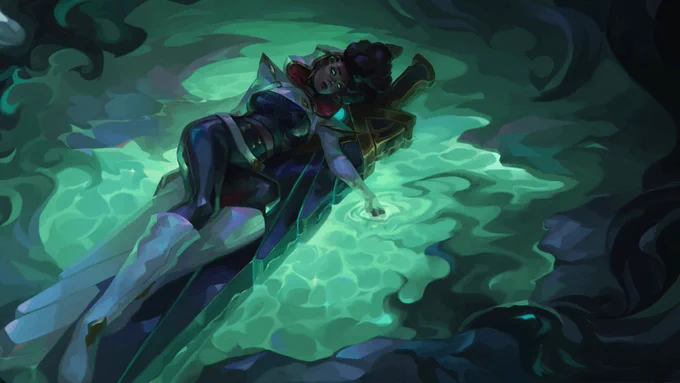 In a scene set in the Shadow Isles we see Senna drawn by artist @somewhat_irked. Senna lays in a pool of Black Mist on top of her Relic Cannon. Her eyes glow green as she dips her left hand into the pool.