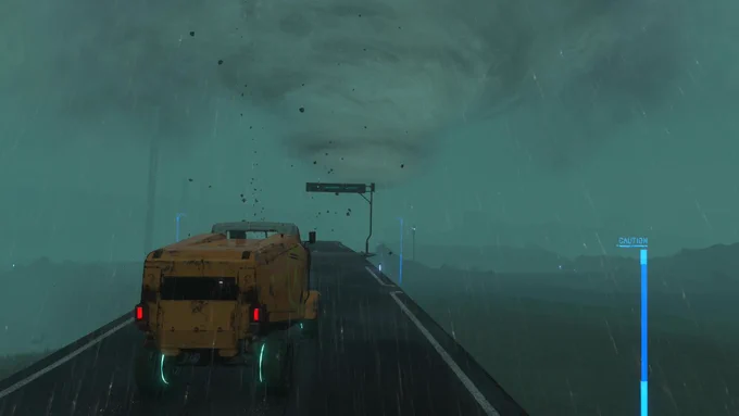 Ein Gameplay Bild von Death Stranding Directors Cut das einen gelben Bridges Lastwagen nachts im Regen zeigt. Der Lastwagen fährt auf einer Straße mit blauen Markierungen. Eine bedrohliche Wirbelwolke am Himmel warnt vor einer nahenden BT Begegnung.