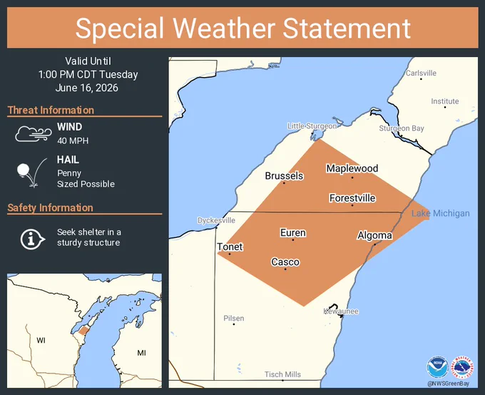 This graphic displays a special weather statement plotted on a map. The statement is in effect until 1:00 PM CDT.  The statement includes Algoma WI, Casco WI and  Forestville WI.  A STRONG THUNDERSTORM WILL IMPACT SOUTHERN DOOR AND NORTHERN KEWAUNEE COUNTIES UNTIL 1 PM CDT. The threats associated with this storm are wind gusts up to 40 MPH and penny sized hail. Seek shelter in a sturdy structure until the storm passes.