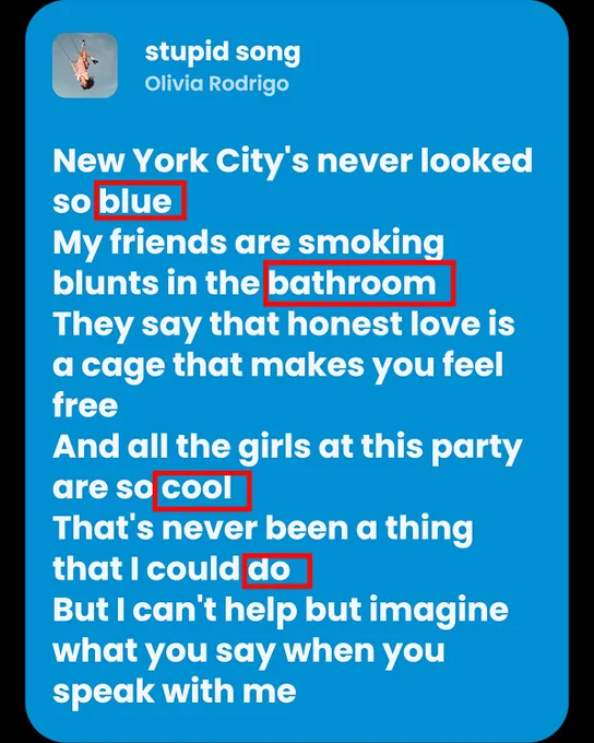 New York City's never looked so blue
My friends are smoking blunts in the bathroom
They say that honest love is a cage that makes you feel free
And all the girls at this party are so cool
That's never been a thing that I could do
But I can't help but imagine what you say when you speak with me