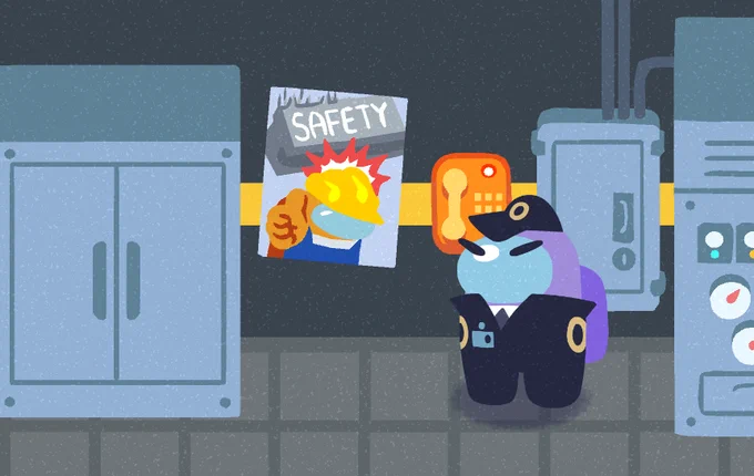 Poster of a Crewmate with a hard hat doing the thumbs up. A cement block is falling on their head, with the word "SAFETY" on it.