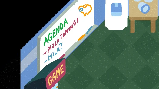 Whiteboard with Among Us dumpy on it. Text: AGENDA. Pizza toppings. Milk?