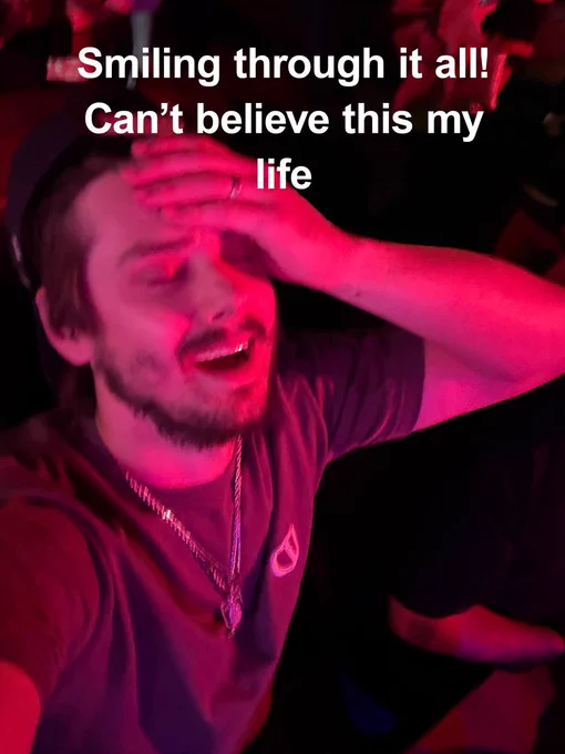 Meme of Sebastian Aho taking a selfie with his eyes closed and hand on his forehead with the words "Smiling through it all Can't believe this is my life"