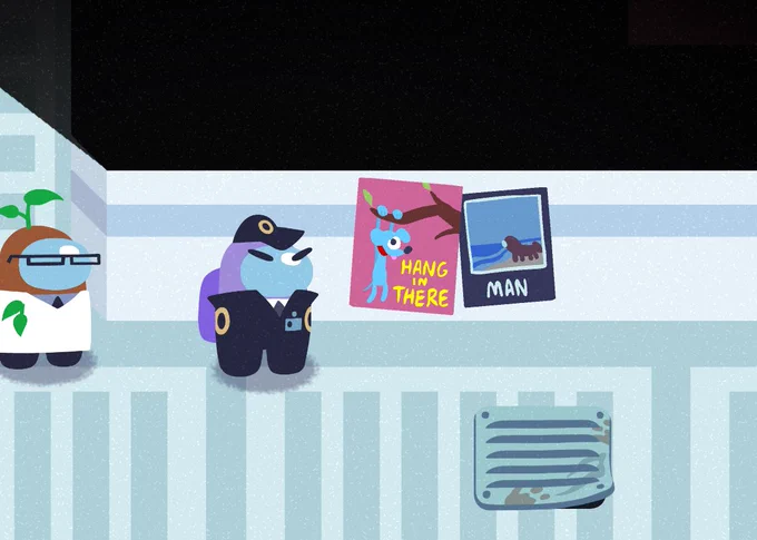 Two posters: One is the dog holding onto a tree branch with the words "hang in there". Another poster is a Horsemate looking out into the water, with the words "MAN". 