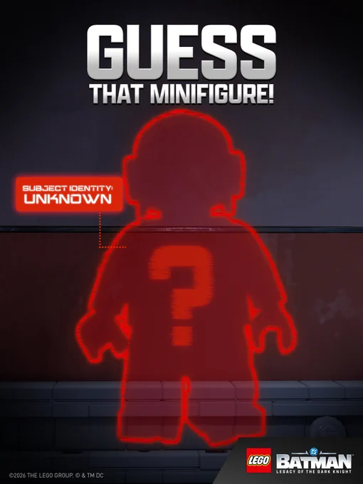 Image with a red silhouette of a LEGO mini figure with text that reads "Guess that minifigure!" and "Subject identity: Unknown".