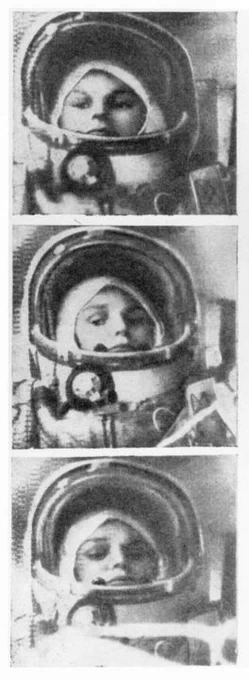 Three black and white images of an astronaut's face in a space helmet. The person is inside a space suit, visible through the helmet's visor. The sequence captures close-up expressions before a mission, focusing on the astronaut's determined gaze.
