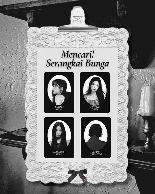 ᅠ
ᅠᅠ
Kriteria:
•  Perempuan, lahir di antara tahun 1996-2004.
•  Punya nama depan atau panggilan secantik dan seperti bunga.
•  Percaya bahwa hal magi itu nyata.
•  Mampu diajak berdiskusi, berkomunikasi, dan aktif.
ᅠ
ᅠ