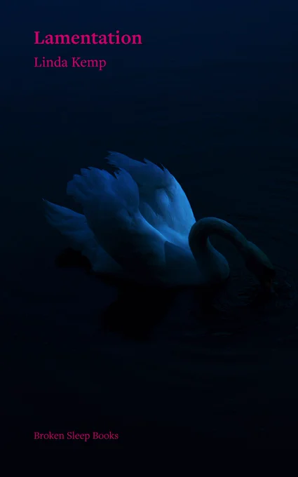 Book cover for Lamentation by Linda Kemp, published by Broken Sleep Books. The title and author name appear in bold magenta pink type at the top left against a very dark navy background. A photograph shows a swan on dark water, lit in deep blue tones, with its neck curved downward and wings slightly raised. The overall image is dark and atmospheric.
